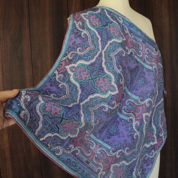 Vintage Vera Scarf, Blue and Purple and Pink Silk and Rayon, Square Designer - Picture 5 of 10